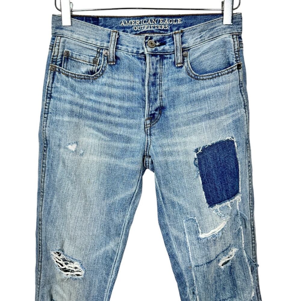 American Eagle Vintage Hi Rise Flare Jeans 00 Short Distressed Patchwork Slit - Picture 3 of 6